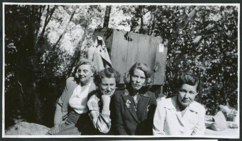 Photograph of Edna Anderson, L. Josephine Hawes, Eleanor Thomas and Elizabeth Moxley at a Manzanar hospital staff picnic