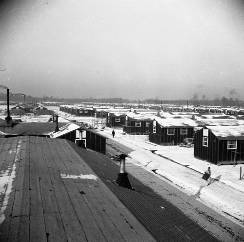 Snow covered barracks in Jerome camp