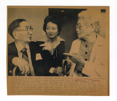 Hotoru Matsudaira, Mako Nakagawa, and Masao Takahashi, who testified at a hearing before the Commission on Wartime Relocation and Internment of Civilians
