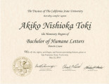 Honorary Degree of Bachelor of Humane Letters, Akiko Nishioka Toki