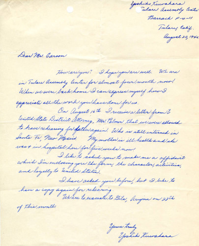 Letter from Yushiko Kuwahara to [John] Victor Carson, August 20, 1942