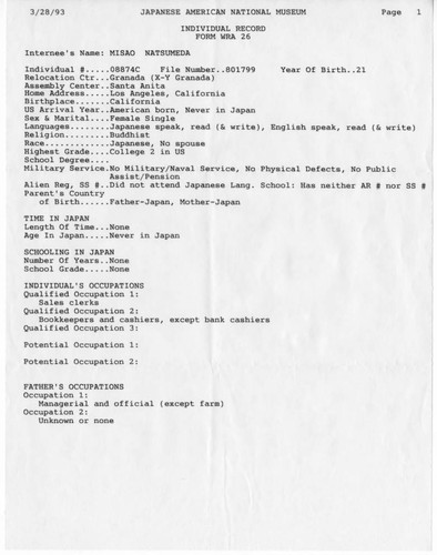 [Japanese American National Museum individual record form WPA 26]