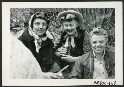 Photograph of Edna Anderson, Bernice Sibner, and Christine Little at a Manzanar hospital staff picnic