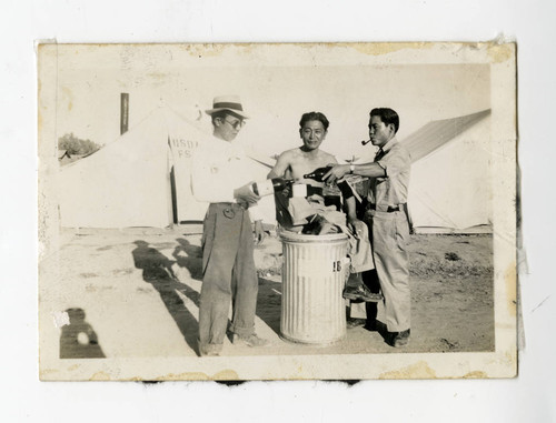 George N. Naohara, Tadashi Sakaida, and Kenneth Kenji Kuwahara at Civilian Conservation Corps mobile camps, Rupert, Idaho