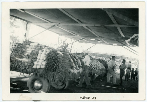 Photograph of farm products loaded on trailers for the Manzanar farm exhibit