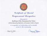 Certificate of special congressional recognition from Nancy Pelosi, Member of Congress, presented to Kathryn Eiko Kawamorita Tiara