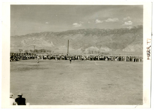 Photograph of baseball game at Manzanar (view from outfield bleachers)