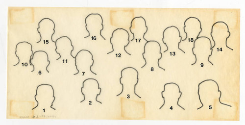 Manzanar Guayule Group, a tracing of the adjacent photo to aid in identifying research group members