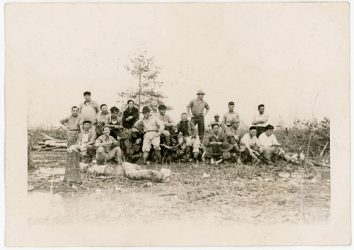 Men standing around log pile