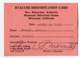 Evacuee identification card, Ayako Claire Harada