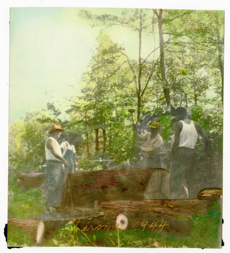 Lumberjacks at work, colorized