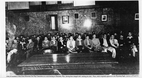 63 members of the Heart Mountain Fair Play Committee at a court hearing in Cheyenne, Wyo