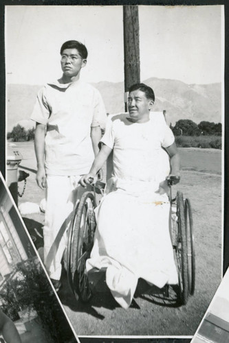 Photograph of Peter Hondo in a wheelchair at Manzanar