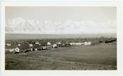 Photograph of Manzanar with mountains in the background