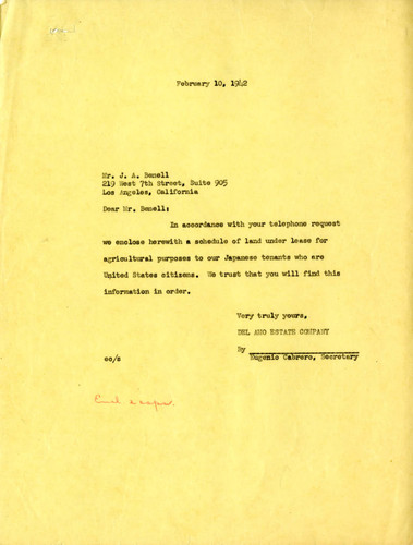 Letter from Eugenio Cabrero, Secretary, Del Amo Estate Company, to J. A. Benell, February 10, 1942