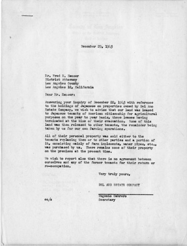 Letter from Eugenio Cabrero, Secretary, Del Amo Estate Company to Fred N. Hauser, District Attorney, Los Angeles County, December 29, 1943