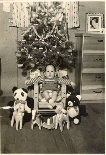 Young child in front of Christmas tree