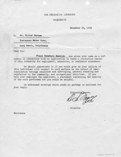 Letter from Dillon S. Myer, Director, War Relocation Authority, to [John] Victor Carson, Dominguez Water Corp., December 30, 1942