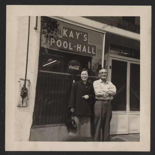 Kameji Ikuma and friend in front of Kay's Pool Hall