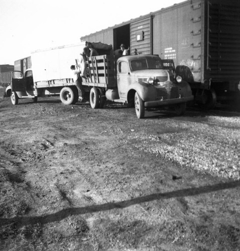 Trucks and train car