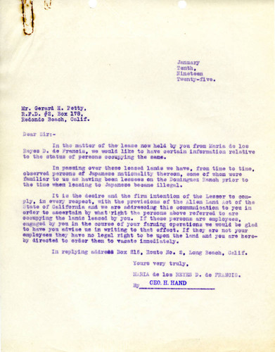 Letter from Geo. H. Hand [for Maria de los Reyes D. de Francis?] to Gerard H. Petty, January 10, 1925