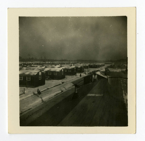 Snow covered barracks in Jerome camp