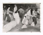 New arrivals at Manzanar fill mattresses with straw