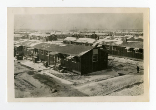 Snow covered barracks in Jerome camp