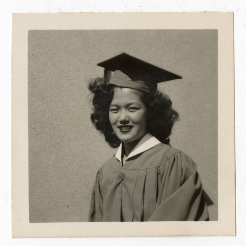 Kazuko Katherine Saito wearing a cap and gown at Heart Mountain