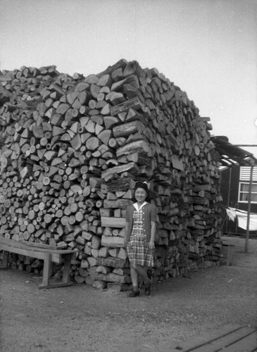 Woman with woodpile in Jerome camp