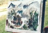 [Henry Fukuhara's Watercolor Workshop participant's art; Henry Fukuhara and workshop participants at restaurant]