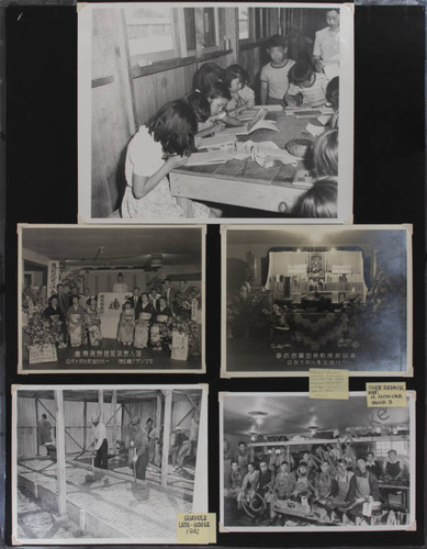 Buddhist Church, Guayule Lath House, shoe repair shop, and students