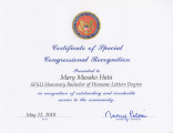 Certificate of special congressional recognition from Nancy Pelosi, Member of Congress, presented to Mary Masako Hata