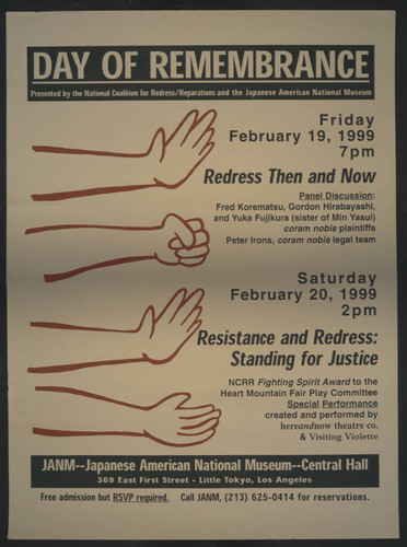 Day of remembrance presented by the National Coaltion for Redress/Reparations and the Japanese American National Museum, redress then and now