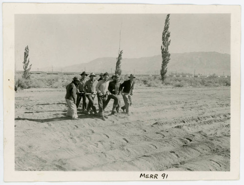 Photograph of a group of men tilling a Manzanar farm with the Alabama Hills in the background