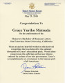 Congratulations from Dianne Feinstein, United States Senator, to Grace Yuriko Matsuda, May 21, 2010