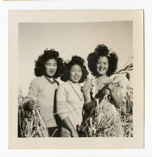 Kazuko Katherine Saito, Tsuneko Mary Mikami, and woman at a farm at Heart Mountain