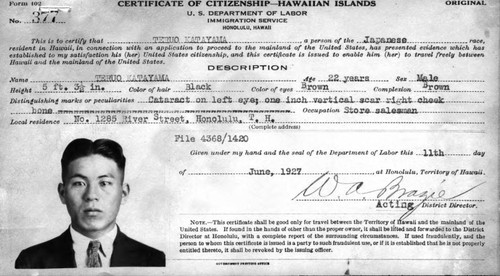 Certificate of Citizenship--Hawaiian Islands, 1927