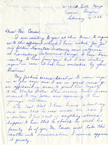 Letter from [Richard Toshimiko Inatomi] to Mr. [John Victor] Carson, February 15, 1943