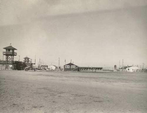 Japanese American incarceration camp guard towers and barracks