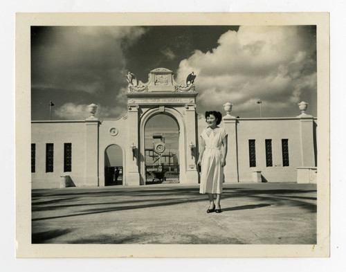 Betty Takamori outside war memorial