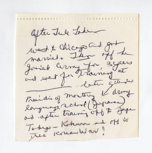 George Nobuo Naohara's handwritten note: after Tule Lake