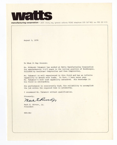 Letter from Mark E. Rivers, Jr., President, Watts Manufactoring Corporation, August 3, 1976