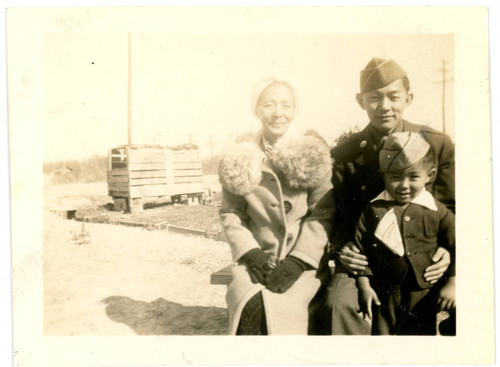 Shigeru and John Yoshinaga with Shozo Narita at incarceration camp