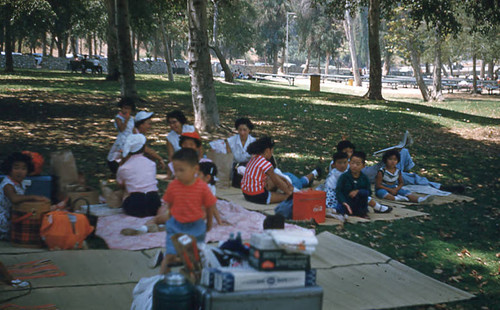 Young women and children at picnic