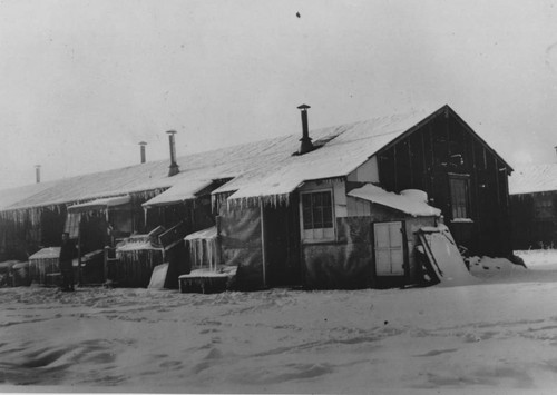 Incarceration camp barracks in winter