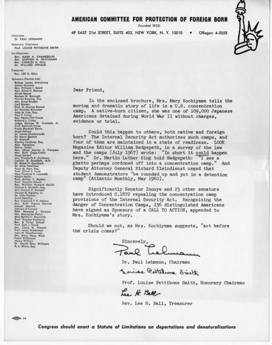 Letter from Dr. Paul Lehmann, Chairman, Professor Louis Pettibone Smith, Honorary Chairman; Reverend Lee H. Ball, Treasurer