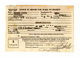 Notice to report for work on project, WPA Form 402, Atsushi Ishida