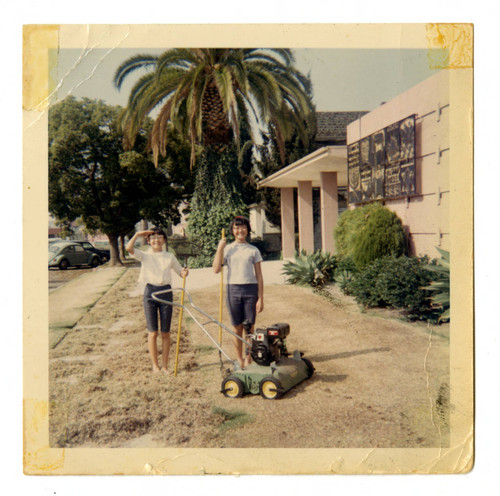 Children with lawn mower