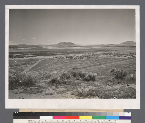 General View of Relocation Center. This is a general view of the Tule Lake, Calif., Japanese Relocation Center located near the California-Oregon border and 40 miles southeast of Klamath Falls, Ore. The Land is an old lake bottom developed by the U.S. reclamation service. About 7,000 acres are now being used by the War Relocation Administration. Shown above is the housing area